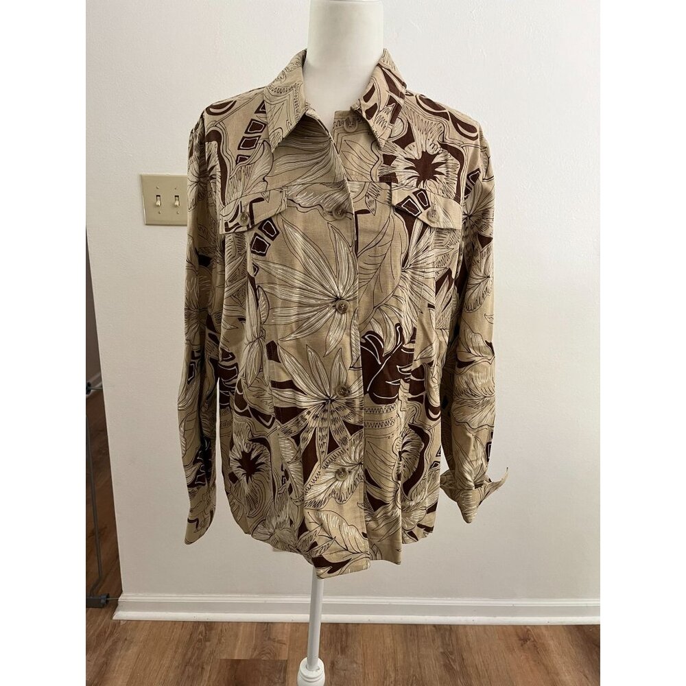 EUC Vintage Alfred Dunner Button-Down Shirt Floral Pattern Linen/Cotton Blend
